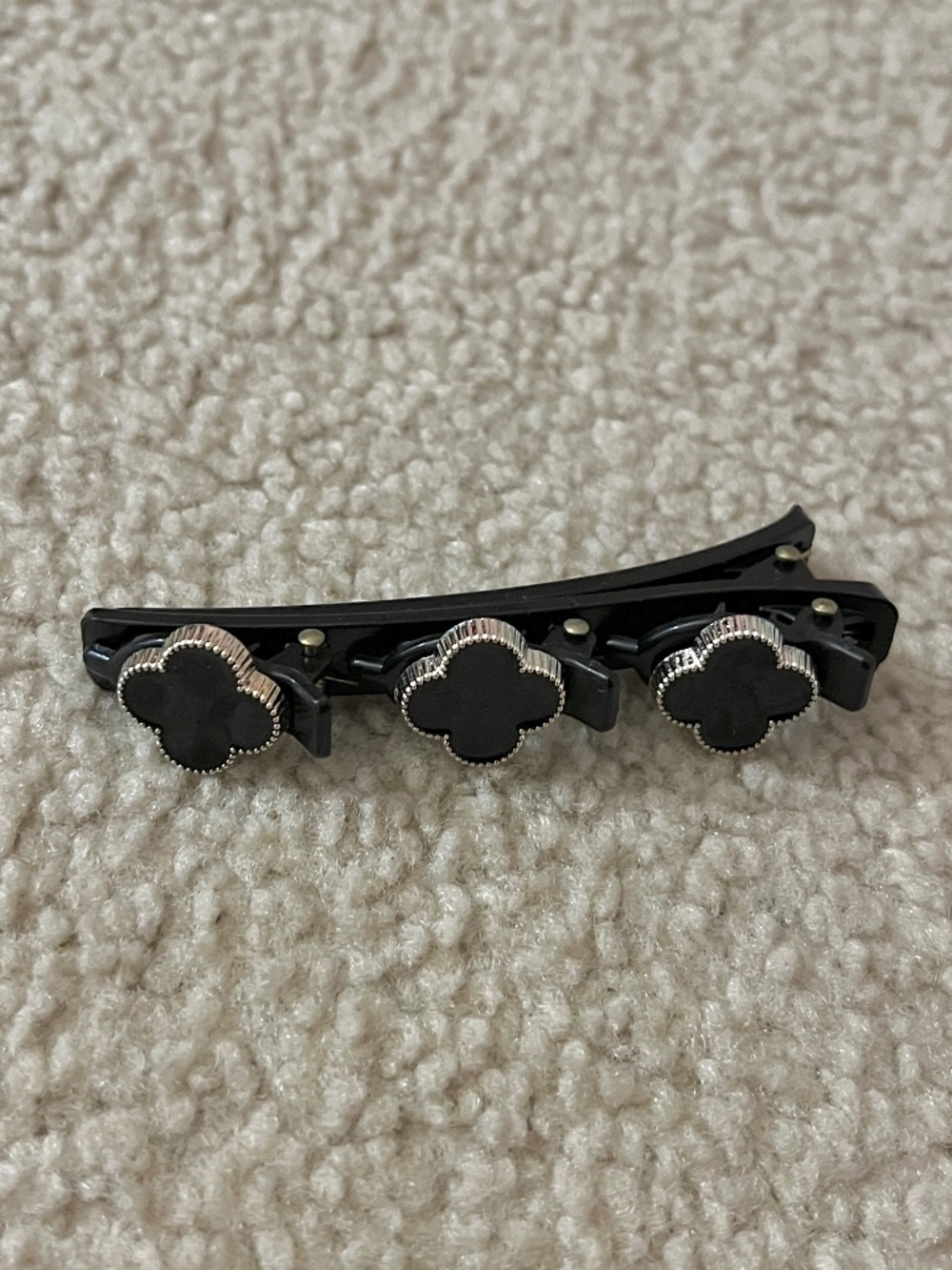 Large Barrette Black/Gold Clover Flowers Triple Claw Clip
